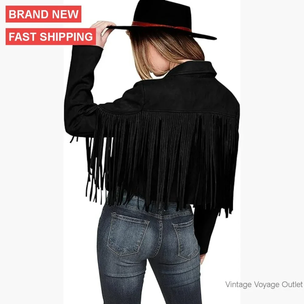 Faux Suede Cropped Motorcycle Jacket with Fringe Tassel Design - Picture 1 of 7